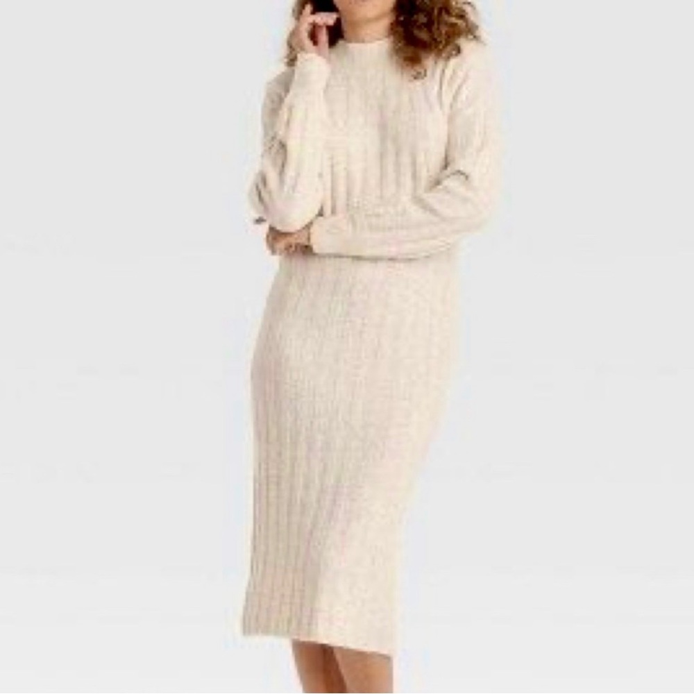 Long Sleeve Rib-Knit Cream Sweater Dress
